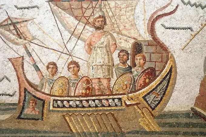 Ancient Roman mosaic of Ulysses and his crew sailing
