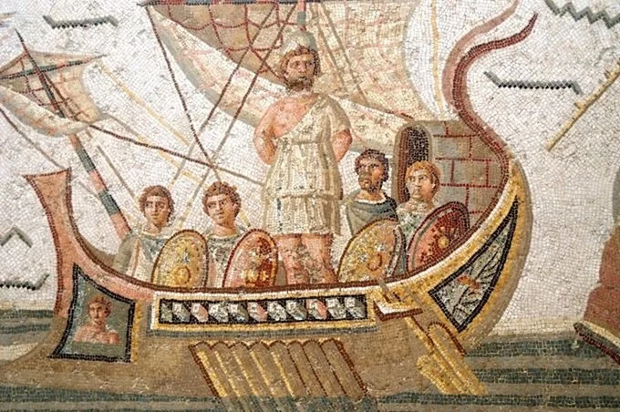 Ancient Roman mosaic of Ulysses and his crew sailing. Every big moment is a voyage.